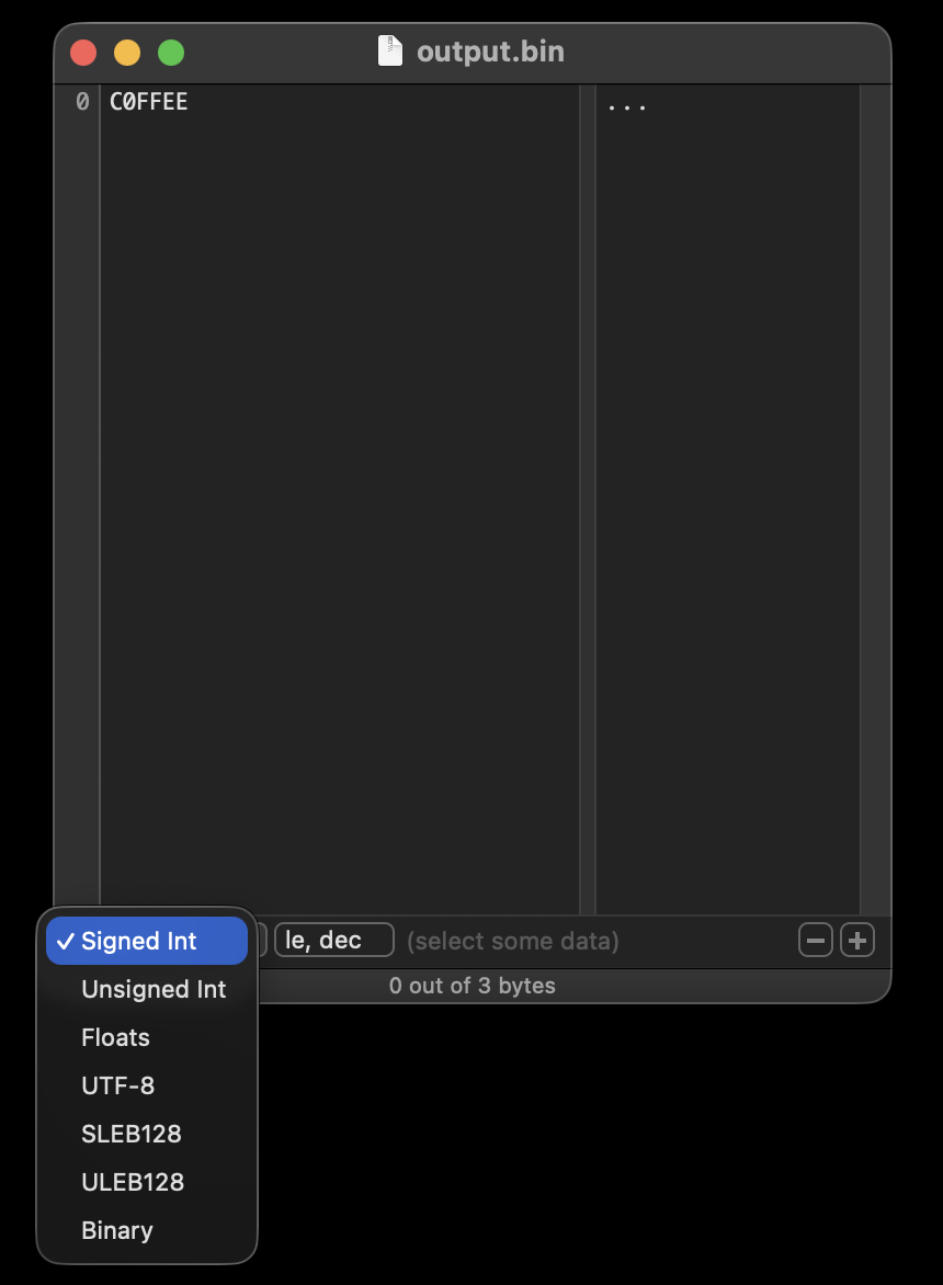 Hex Fiend 2.18.1 showing output.bin. The offset column reads 0, the hex column C0FFEE and the text column three dots. At the bottom the data inspector's type menu is open, listing Signed Int, Unsigned Int, Floats, UTF-8, SLEB128, ULEB128 and Binary, beside a field reading le, dec and the note select some data; the status bar reads 0 out of 3 bytes.