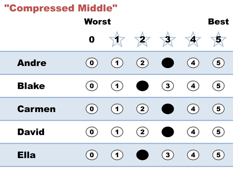 Compressed-middle ballot: every score a 2 or a 3, no 5s and no 0s