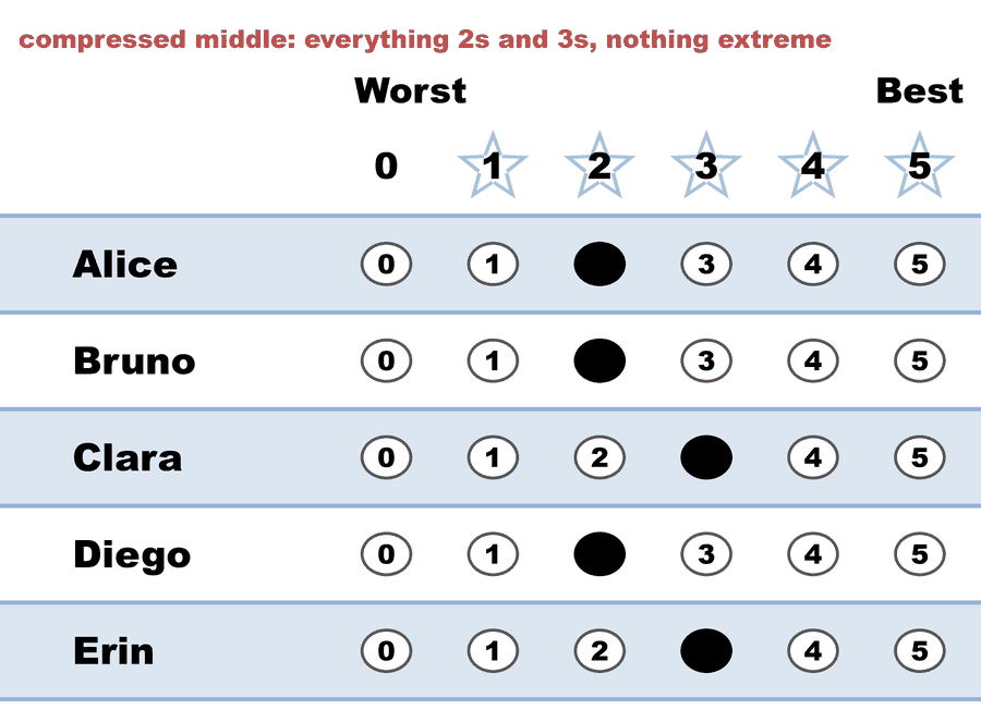 A 0–5 STAR ballot — compressed middle: everything 2s and 3s, nothing extreme: Alice 2, Bruno 2, Clara 3, Diego 2, Erin 3.
