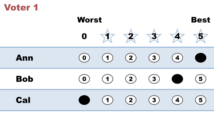 A 0–5 STAR ballot — Voter 1: Ann 5, Bob 4, Cal 0.