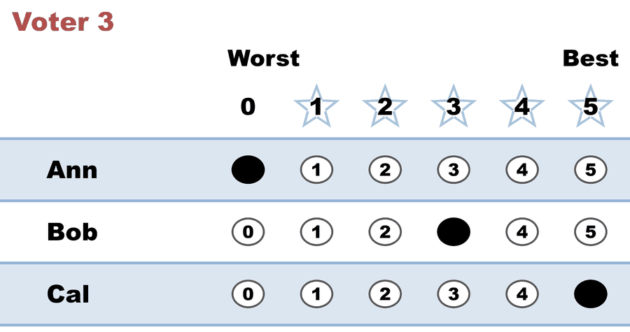 A 0–5 STAR ballot — Voter 3: Ann 0, Bob 3, Cal 5.