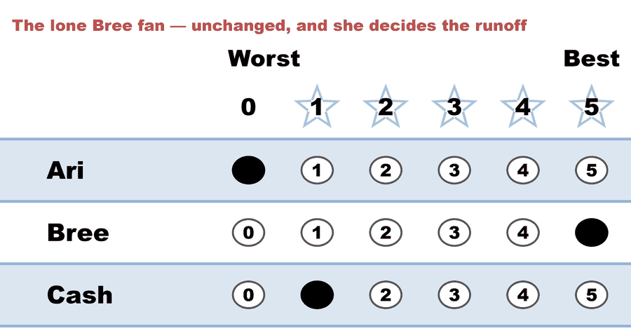 A 0–5 STAR ballot — The lone Bree fan — unchanged, and she decides the runoff: Ari 0, Bree 5, Cash 1.