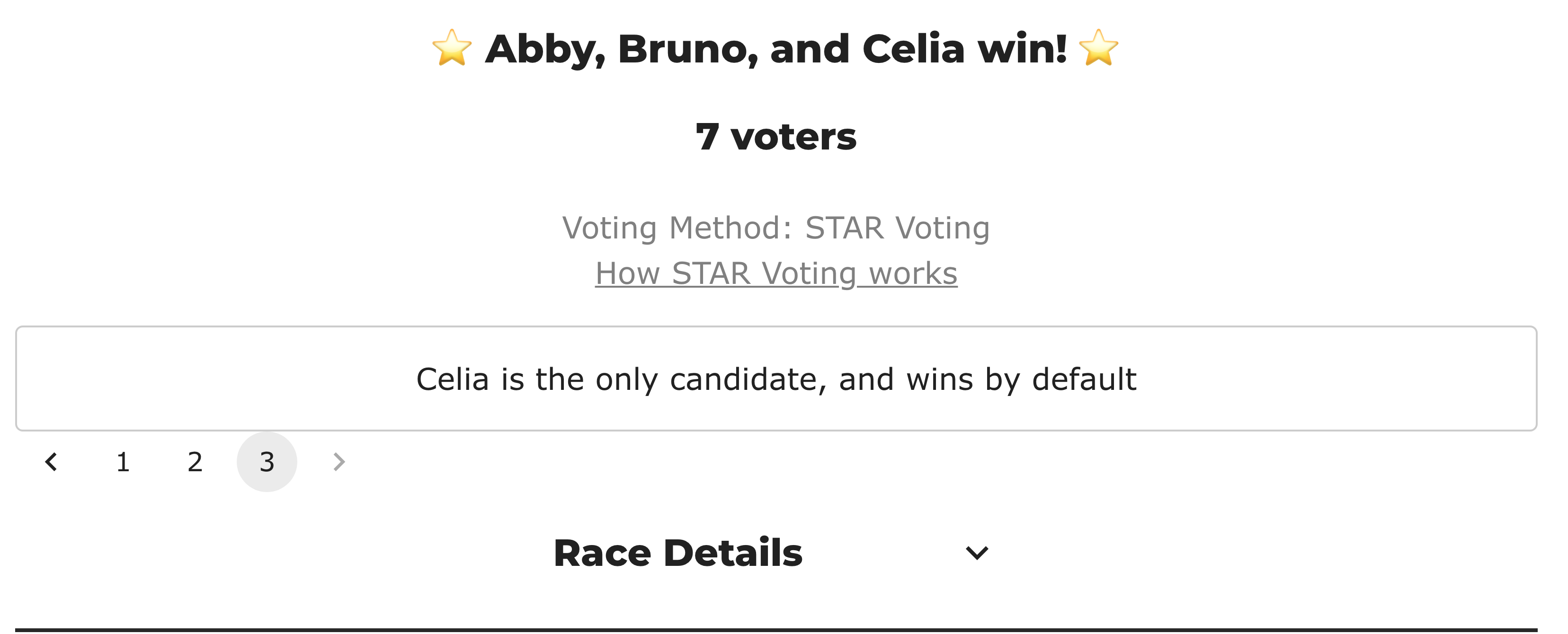 Page 3 of the BetterVoting results for t488h9, showing a single card that reads: Celia is the only candidate, and wins by default