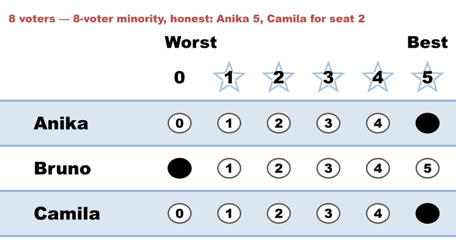 A 0–5 STAR ballot — 8 voters — 8-voter minority, honest: Anika 5, Camila for seat 2: Anika 5, Bruno 0, Camila 5.