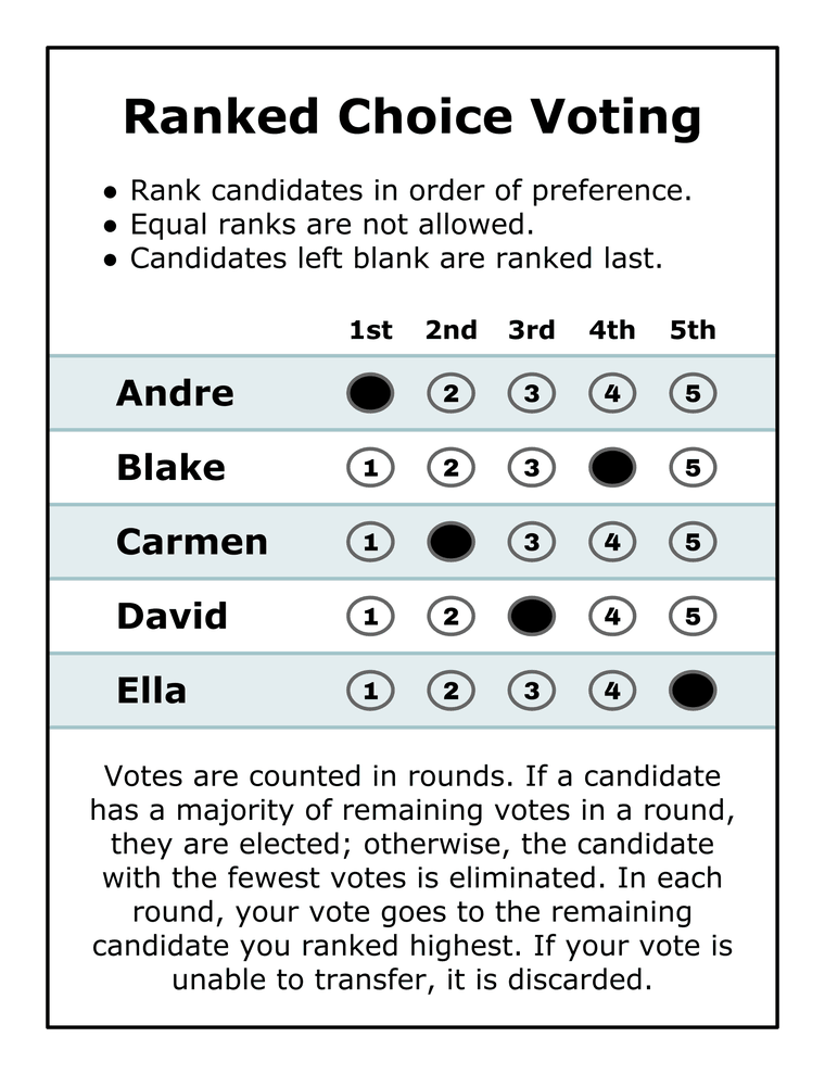 A ranked ballot: five candidates — Andre, Blake, Carmen, David, Ella — in rows, with columns 1st through 5th and exactly one bubble filled per row. This voter ranked Andre 1st, Carmen 2nd, David 3rd, Blake 4th and Ella 5th. Instructions at top: rank candidates in order of preference; equal ranks are not allowed; candidates left blank are ranked last.
