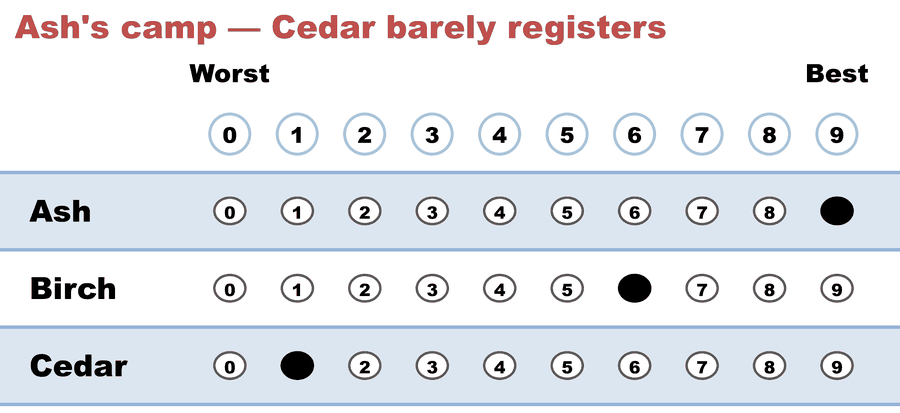 A 0–9 score ballot — Ash's camp — Cedar barely registers: Ash 9, Birch 6, Cedar 1.