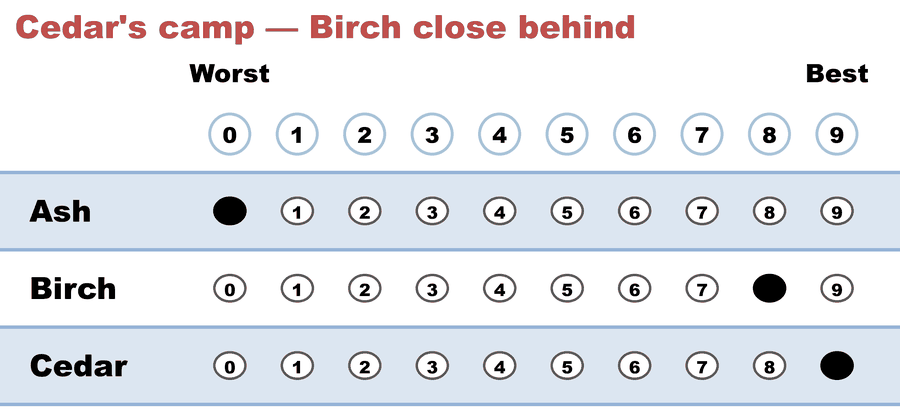 A 0–9 score ballot — Cedar's camp — Birch close behind: Ash 0, Birch 8, Cedar 9.